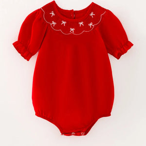 Girls Bow Embroidered Red Romper