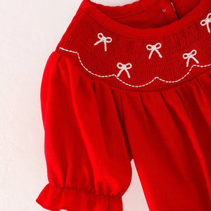 Girls Bow Embroidered Red Romper