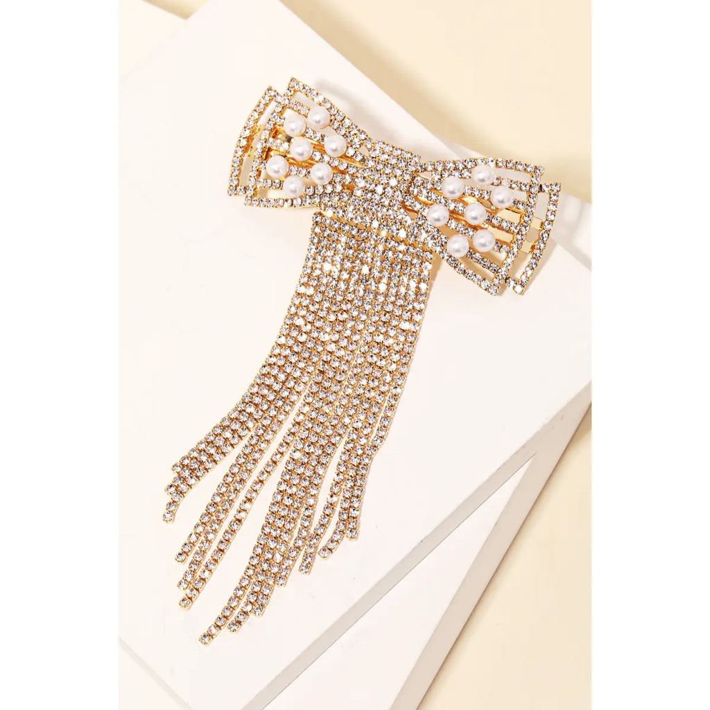 Pearl Rhinestone Bowtie Fringe Hair Clip