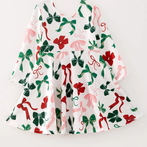 Girls Christmas Bow Print Dress