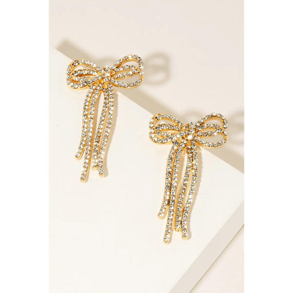 Rhinestone Pave Long Ribbon Bow Stud Earrings