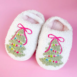 Toddler Girls Pink Bow Christmas Tree Slippers