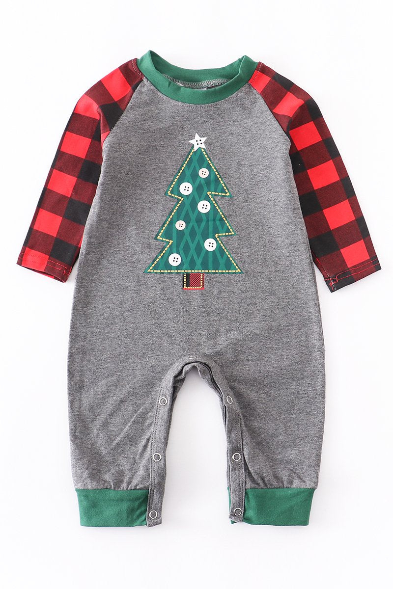 Grey Red Plaid Christmas Tree Applique Baby Romper