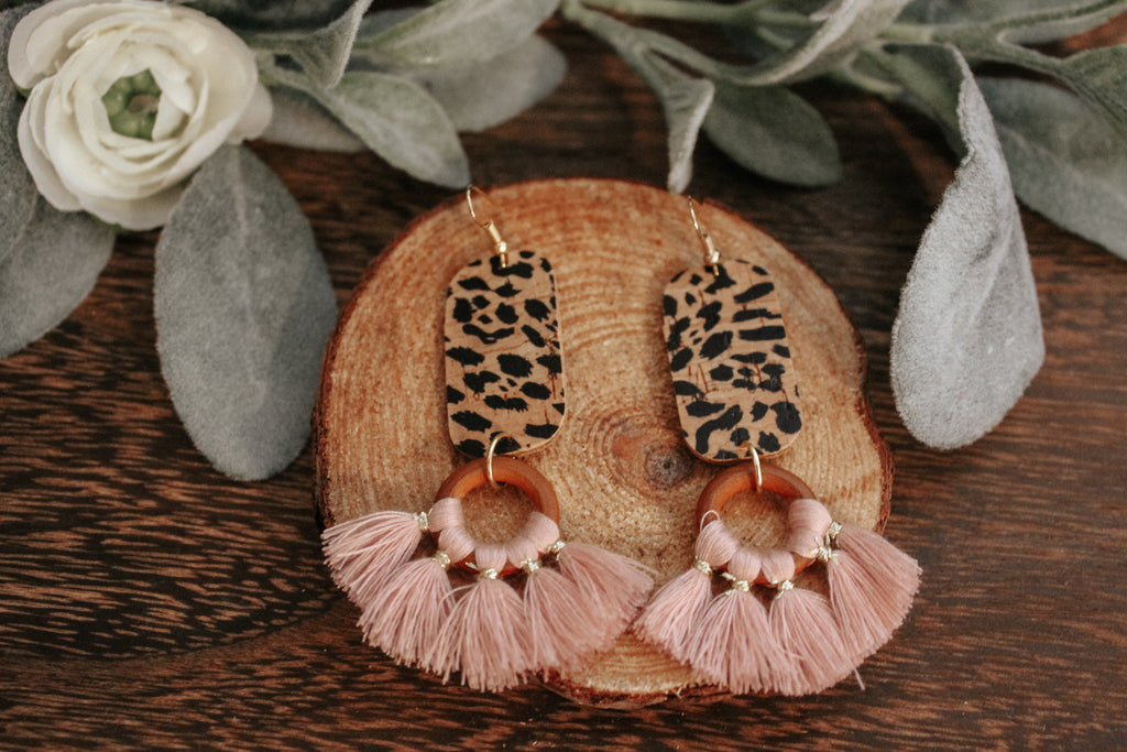 Leopard Cork Pink Tassel Earring