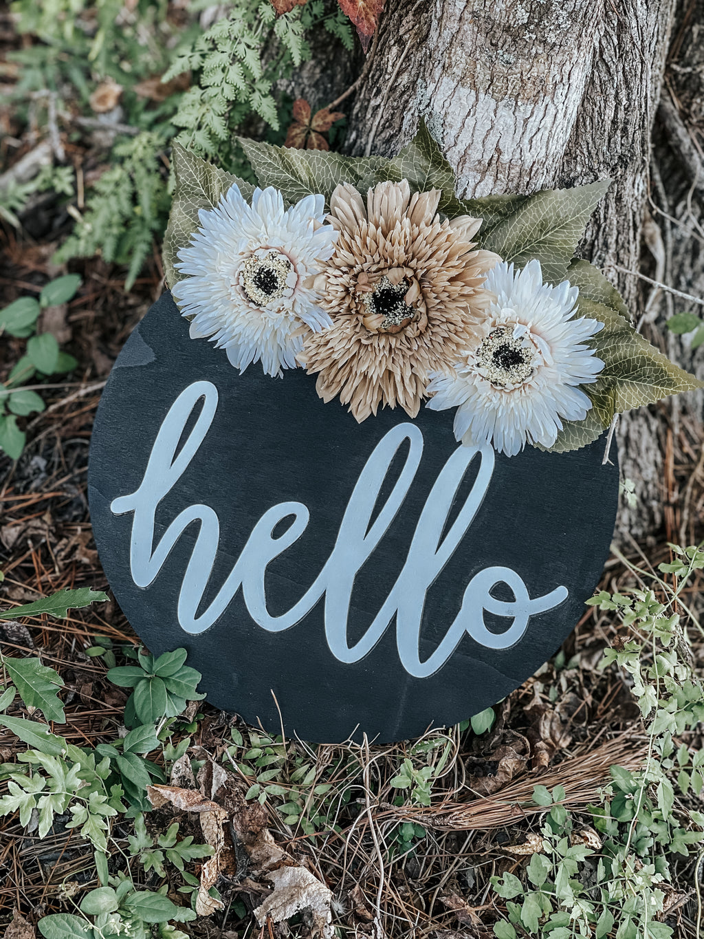 Black and White Floral Hello Door Hanger