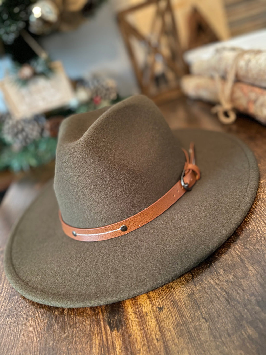 Olive Boho Faux Wool Felt Panama Hat with Leather Strap