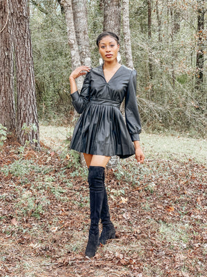 Black Faux Leather Pleated Mini Dress