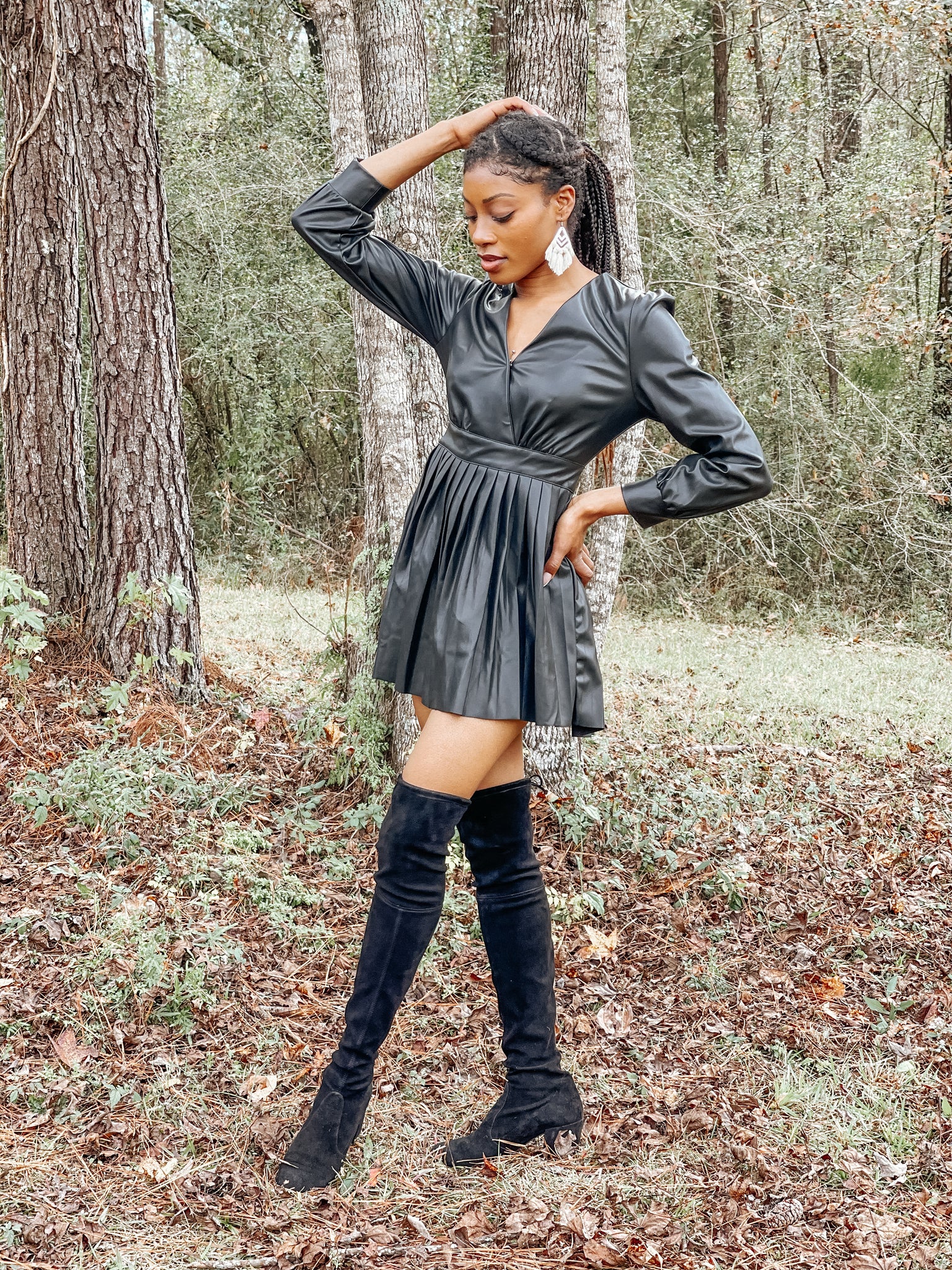 Black Faux Leather Pleated Mini Dress