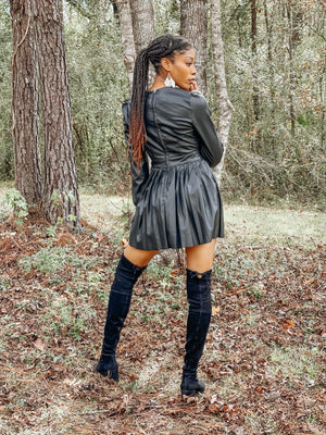 Black Faux Leather Pleated Mini Dress