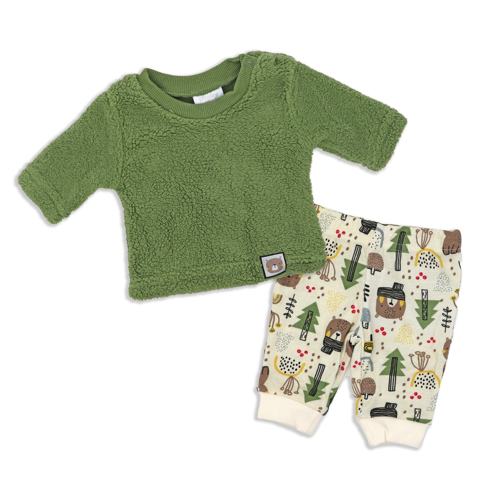 Boys 2 Piece Pant Sherpa Set- Green Forest Bear